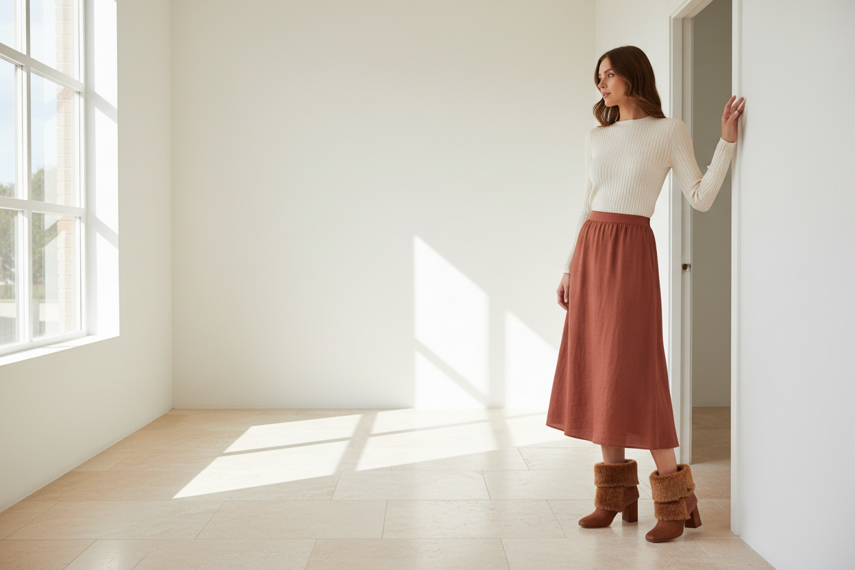 Bamboo women's shoes styled with a terracotta midi skirt and chestnut ankle booties in a bright minimalist boutique setting
