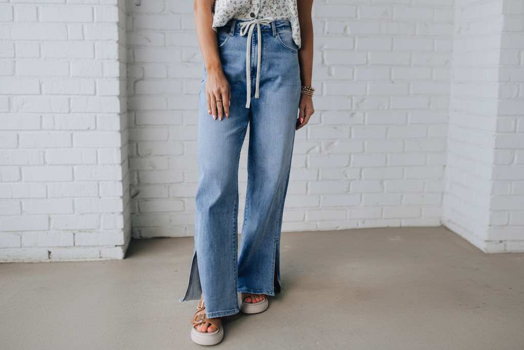 High Rise Drawstring Casual Jeans - Straight Leg