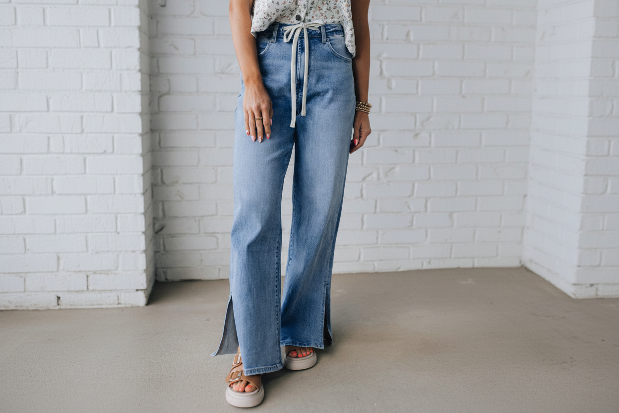 High Rise Drawstring Casual Jeans - Straight Leg