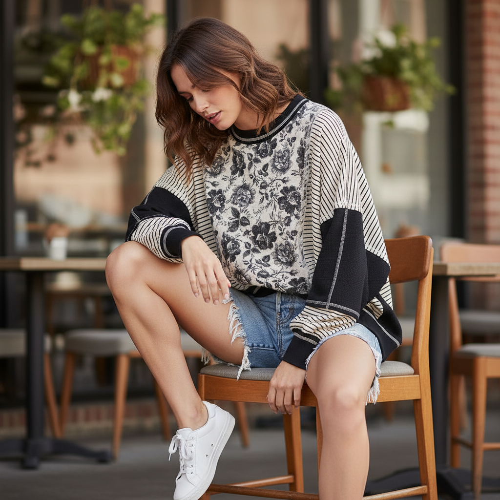 BiBi Clothing Colorblock Stripe Floral Oversized Knit Top - Coffee Shop