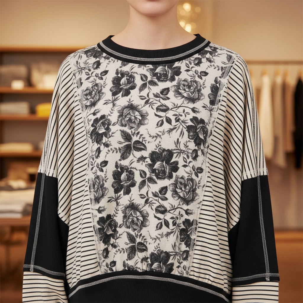 BiBi Clothing Colorblock Stripe Floral Oversized Knit Top - Floral Detail