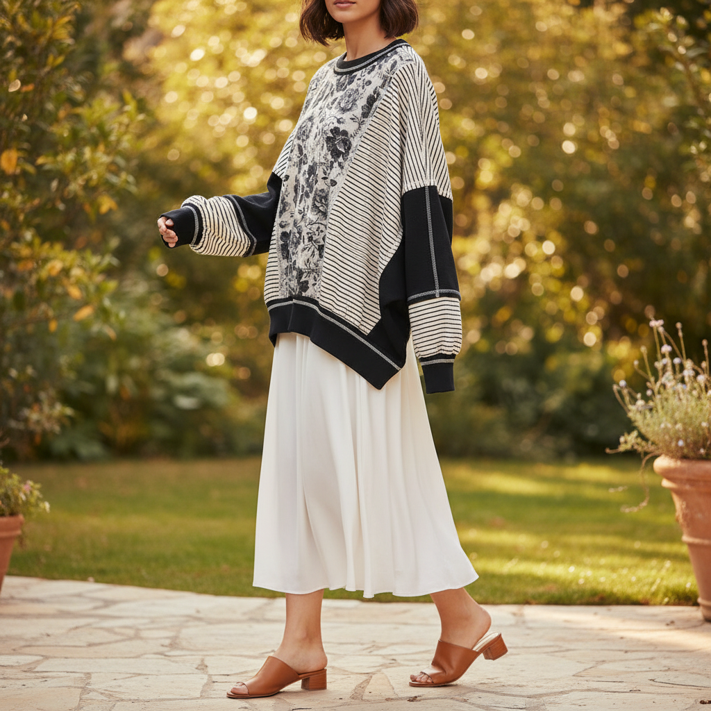 BiBi Clothing Colorblock Stripe Floral Oversized Knit Top - Garden Patio