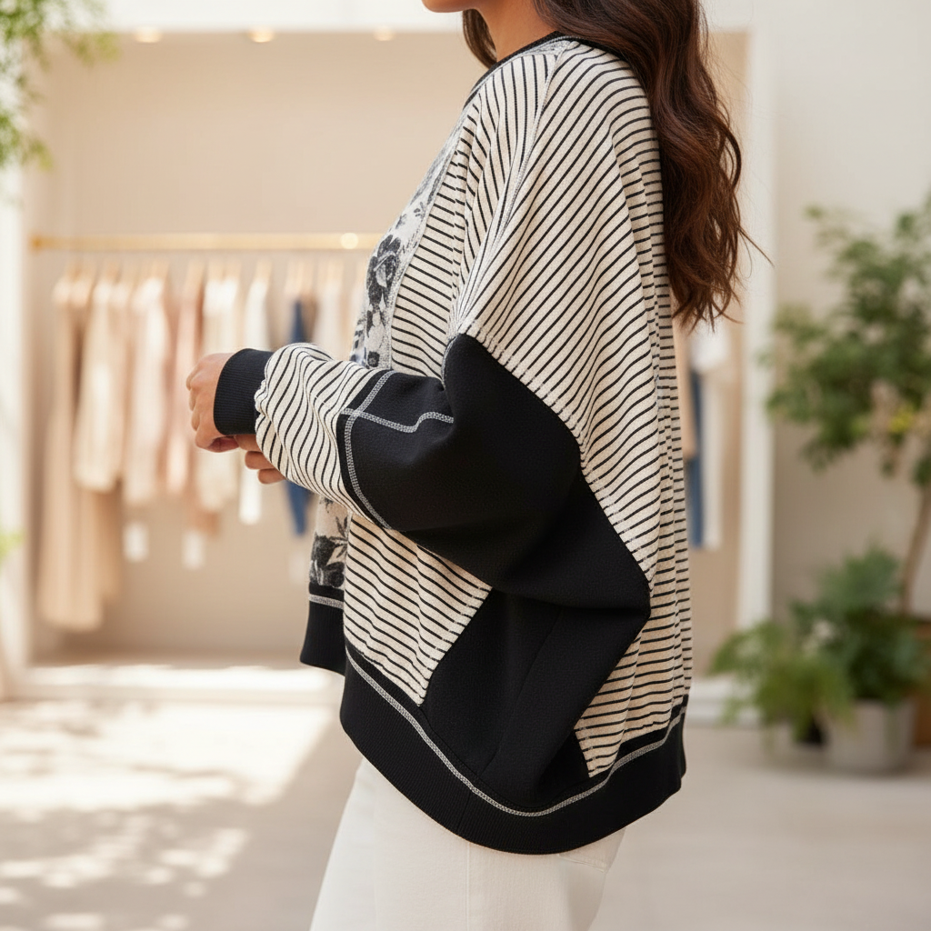 BiBi Clothing Colorblock Stripe Floral Oversized Knit Top - Sleeve Detail