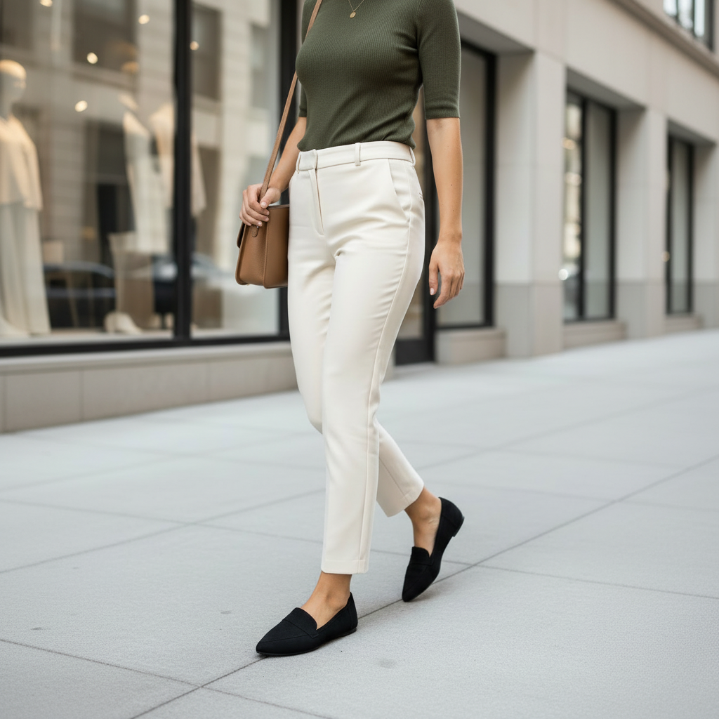 Person wearing a green top, white pants, and black flats walking on a sidewalk.