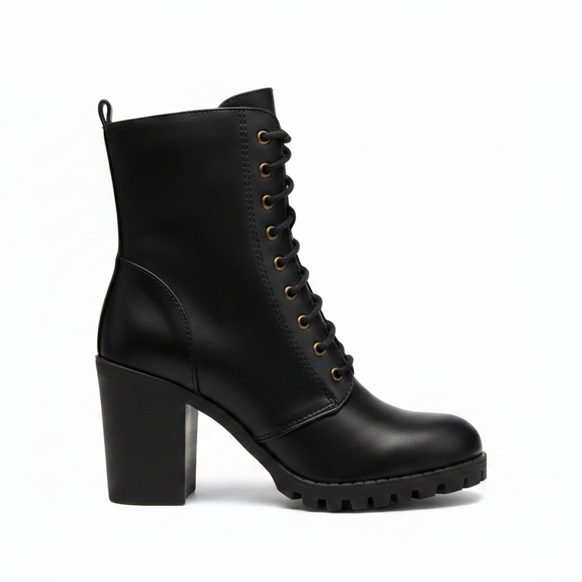 Black leather boot with a block heel on a white background