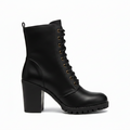 Black leather boot with a block heel on a white background