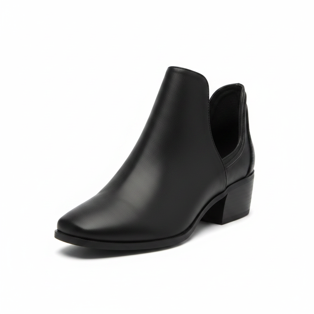 Women's black faux leather cutout ankle bootie three-quarter front angle view showing square toe and open side cutout with block heel