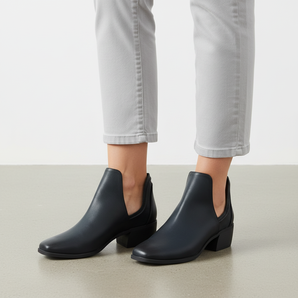 Concrete Surface Women's black cutout ankle bootie with block heel worn with neutral pants on concrete surface lifestyle shot