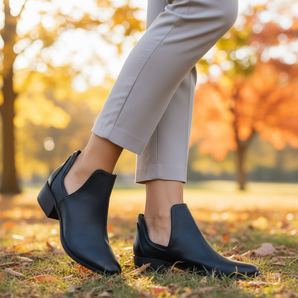 Autumn Park Women's black faux leather cutout ankle bootie with square toe styled outdoors in autumn park setting