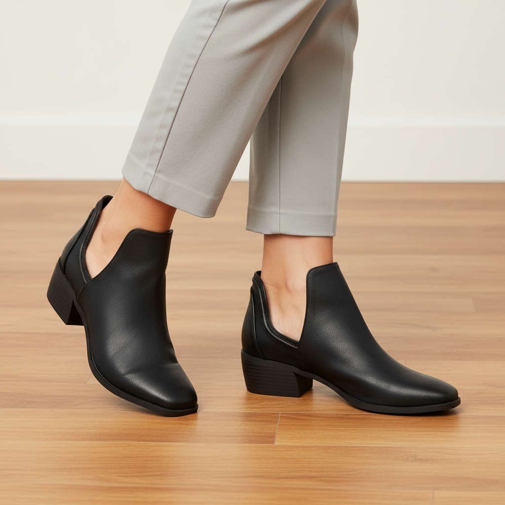 Wood Floor Women's black cutout ankle bootie with stacked block heel worn with straight-leg pants on warm wood floor