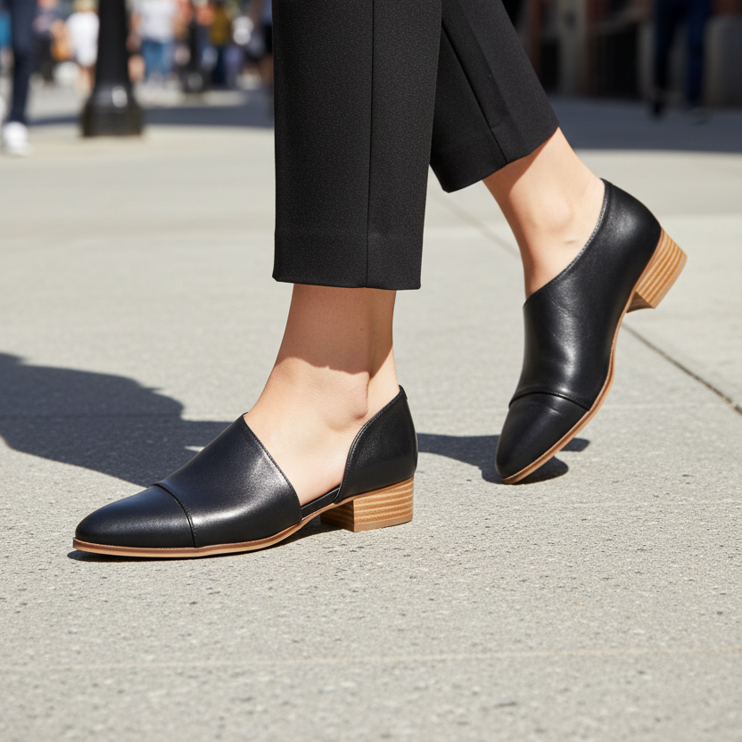 Black leather shoes with brown soles worn by a person on a sidewalk.