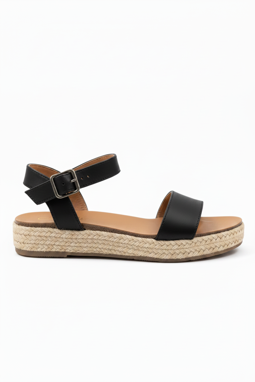 City Classified black espadrille platform sandal, side view on white background showing ankle strap and buckle
