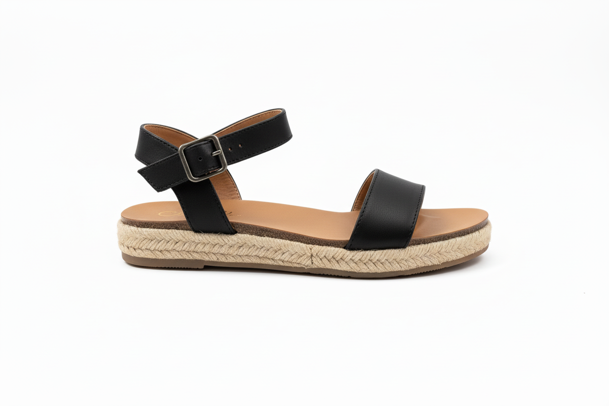 Black espadrille sandal on white background