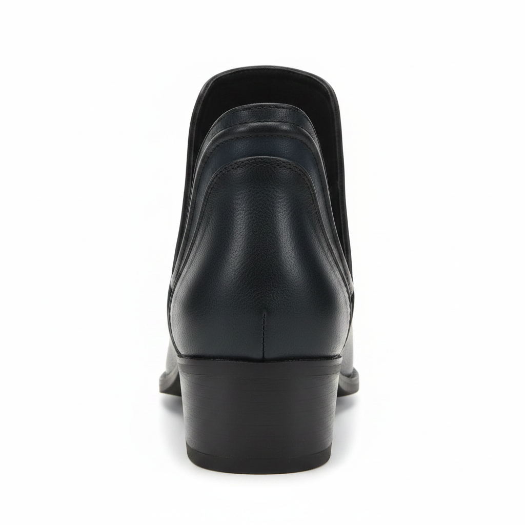 Back View Women's black faux leather cutout ankle bootie back view showing block heel and stitched counter detail