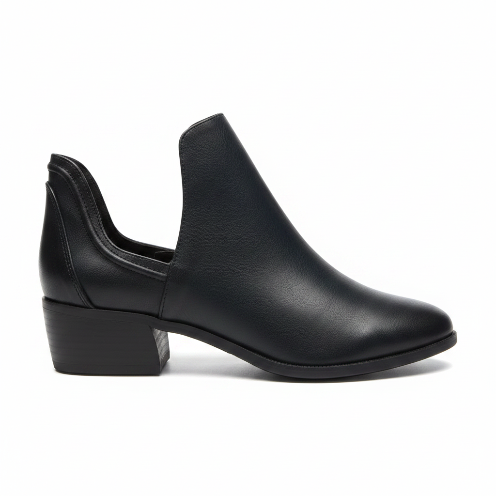Side Profile Women's black faux leather cutout ankle bootie side profile view with block heel square toe silhouette