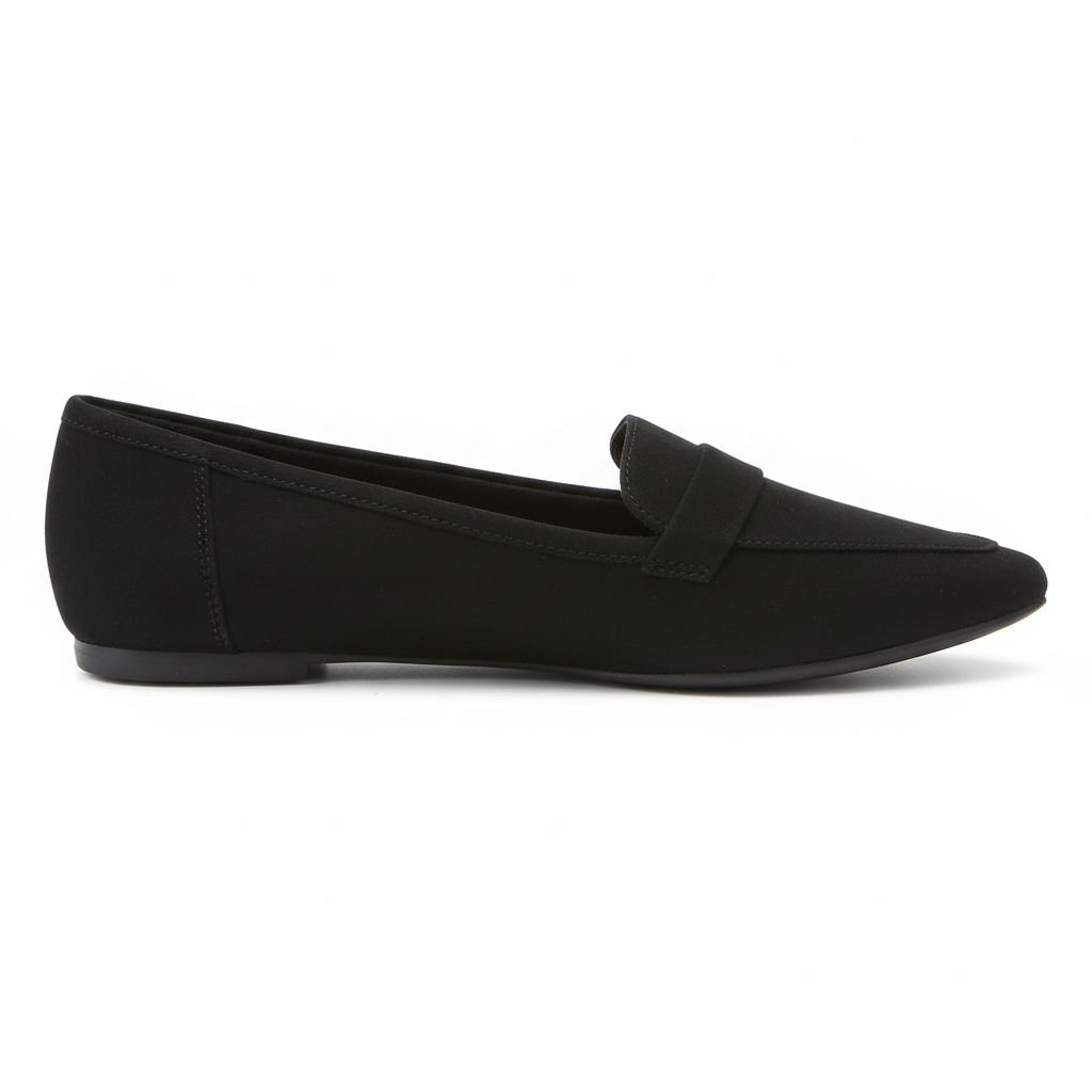 Women's black slip-on loafer flat shoe side view structured silhouette flat sole