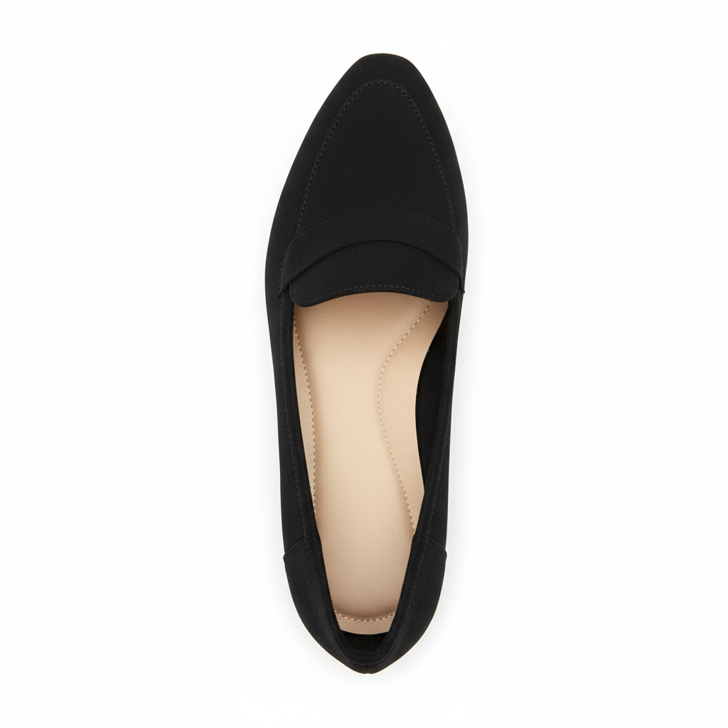 Women's black slip-on loafer flat shoe top view structured silhouette flat sole
