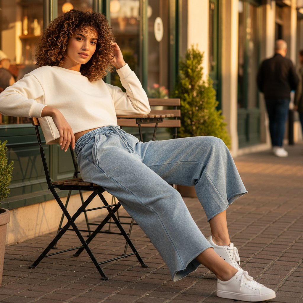 Zenana women's blue grey wide-leg fleece pants on model, seated pose, coffee shop exterior
