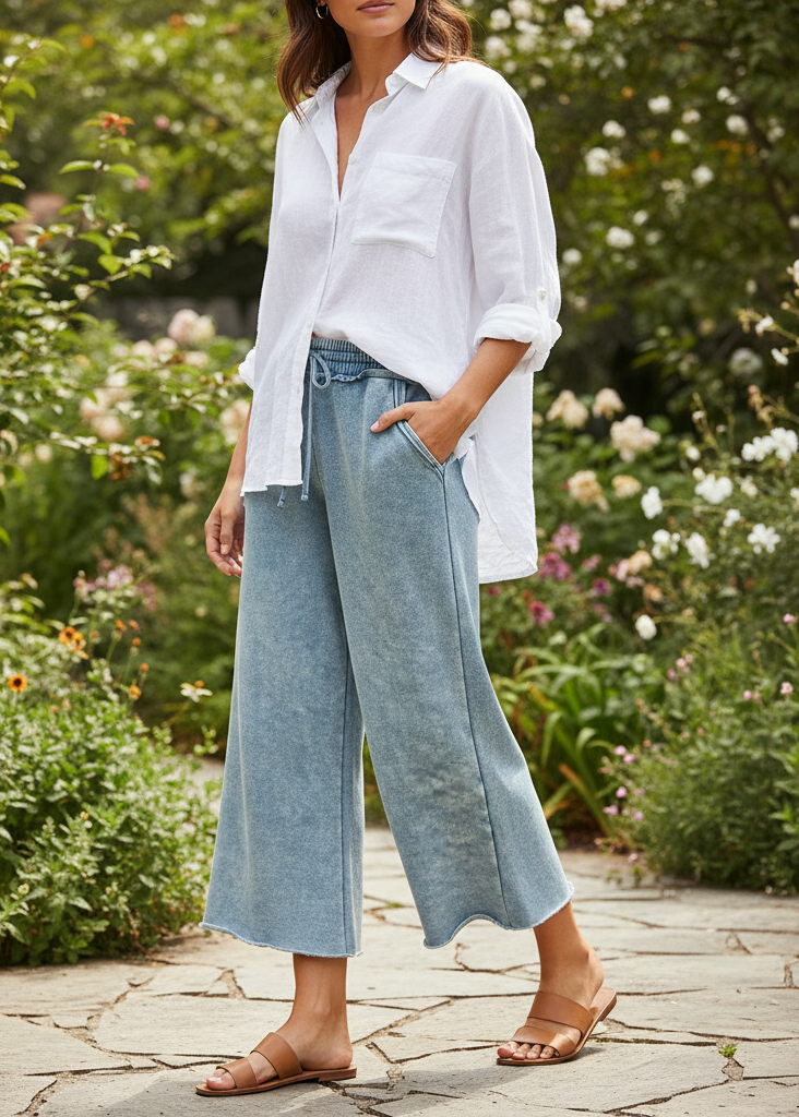 Zenana women's blue grey acid wash palazzo pants on model, walking pose, garden patio setting
