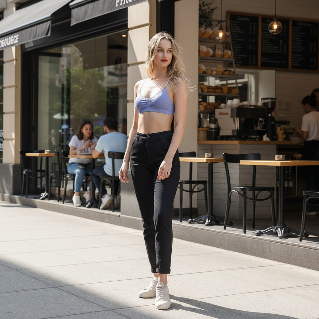 Model wearing Leto Collection black daisy lace padded bralette top standing on sidewalk near cafe