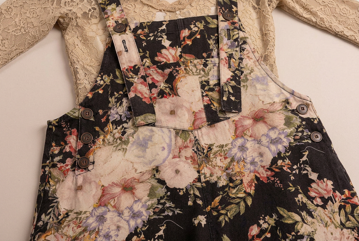 A close-up of a floral overall-style garment laid flat on a cream background, layered over a beige lace top. The garment has a black base with large pink, cream, blue, and green floral print and visible metal snap buttons at the chest and waist.