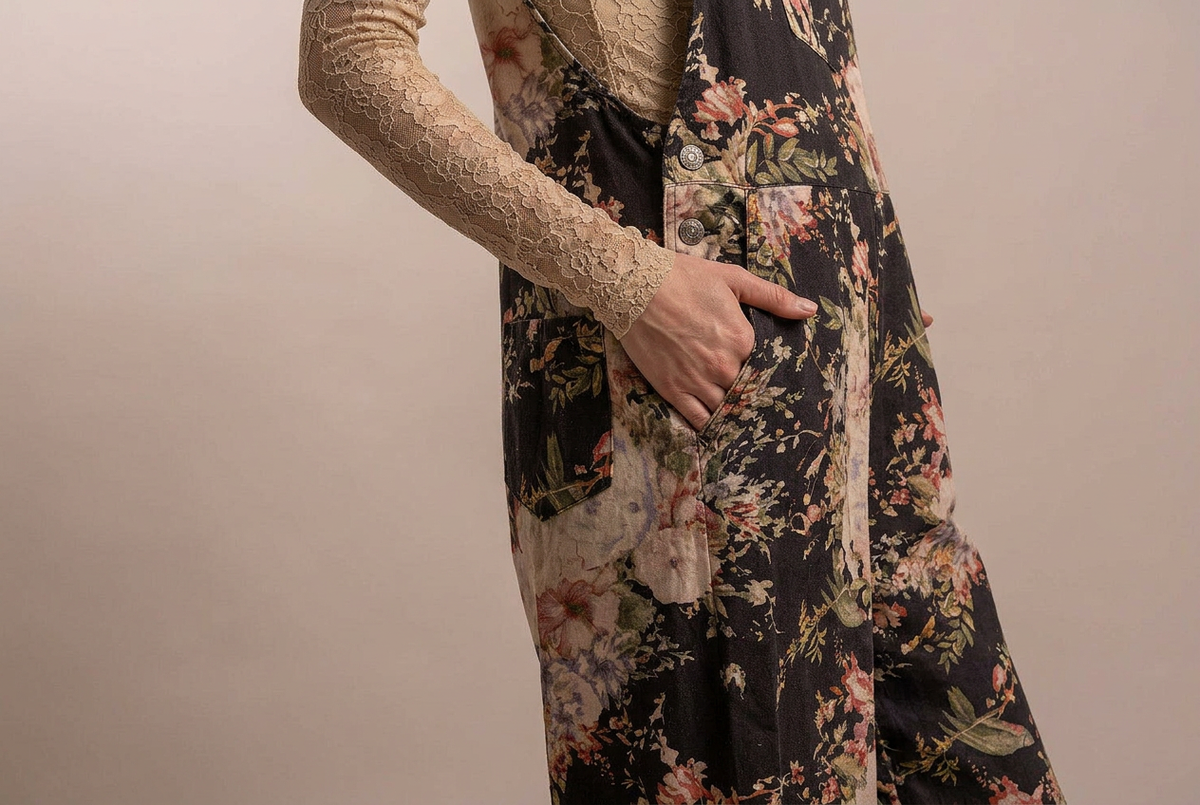 A close-up of a person wearing a floral overall dress with a beige lace long-sleeve top underneath, standing against a plain beige background.