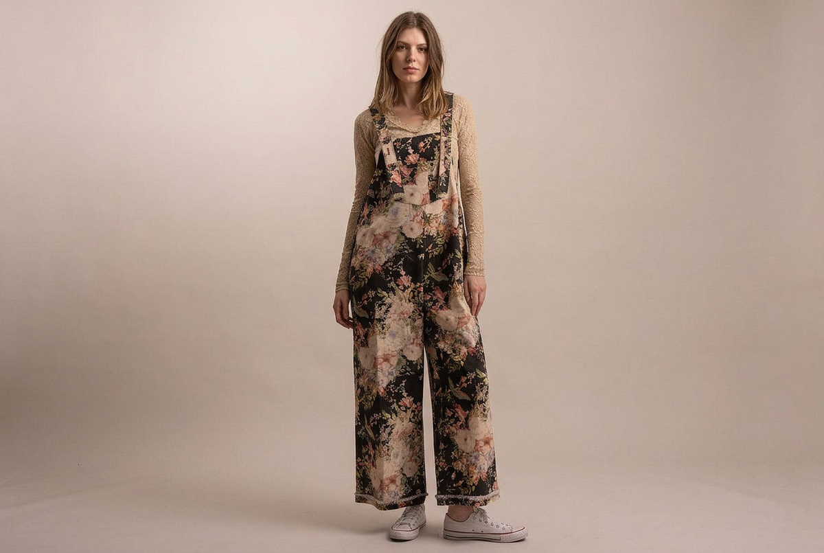 A woman stands against a plain beige studio background wearing a floral wide-leg jumpsuit over a beige long-sleeve top and white sneakers.