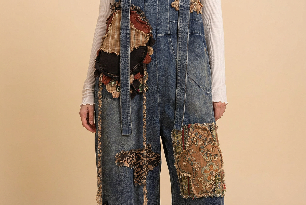 A person wearing blue denim overalls with large patchwork pockets in beige, brown, and patterned fabrics, paired with a white long-sleeve top, against a solid beige background.