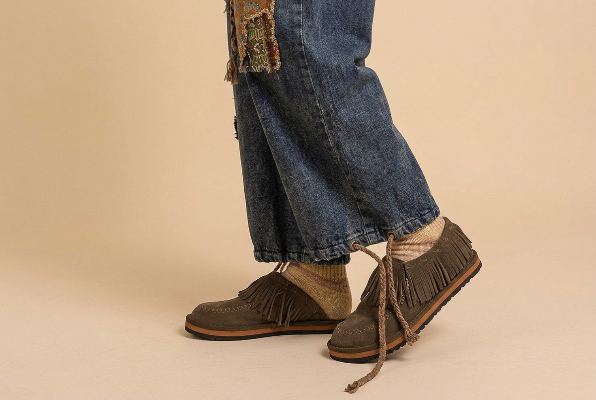 A person wearing brown fringed suede moccasin-style shoes with beige socks and blue jeans, standing against a solid beige studio background.