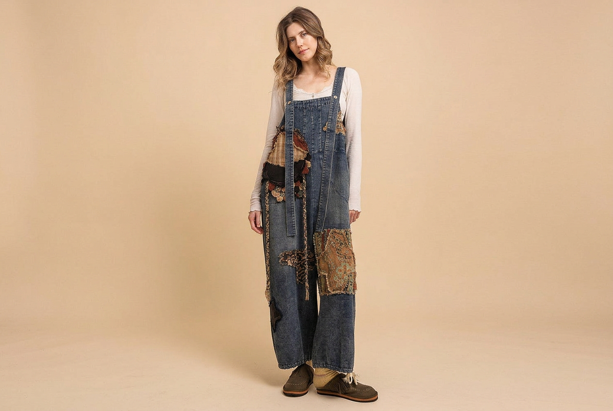 A woman modeling a pair of blue denim patchwork overalls with wide legs, worn over a white long-sleeve top and brown shoes, against a solid beige studio background.