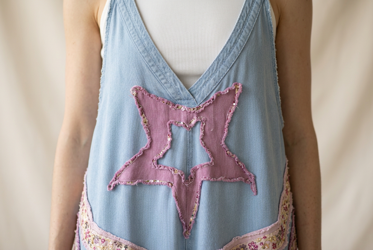 A close-up of a person wearing a light blue denim vest with a large pink star applique on the front, layered over a white ribbed top, against a soft beige background.