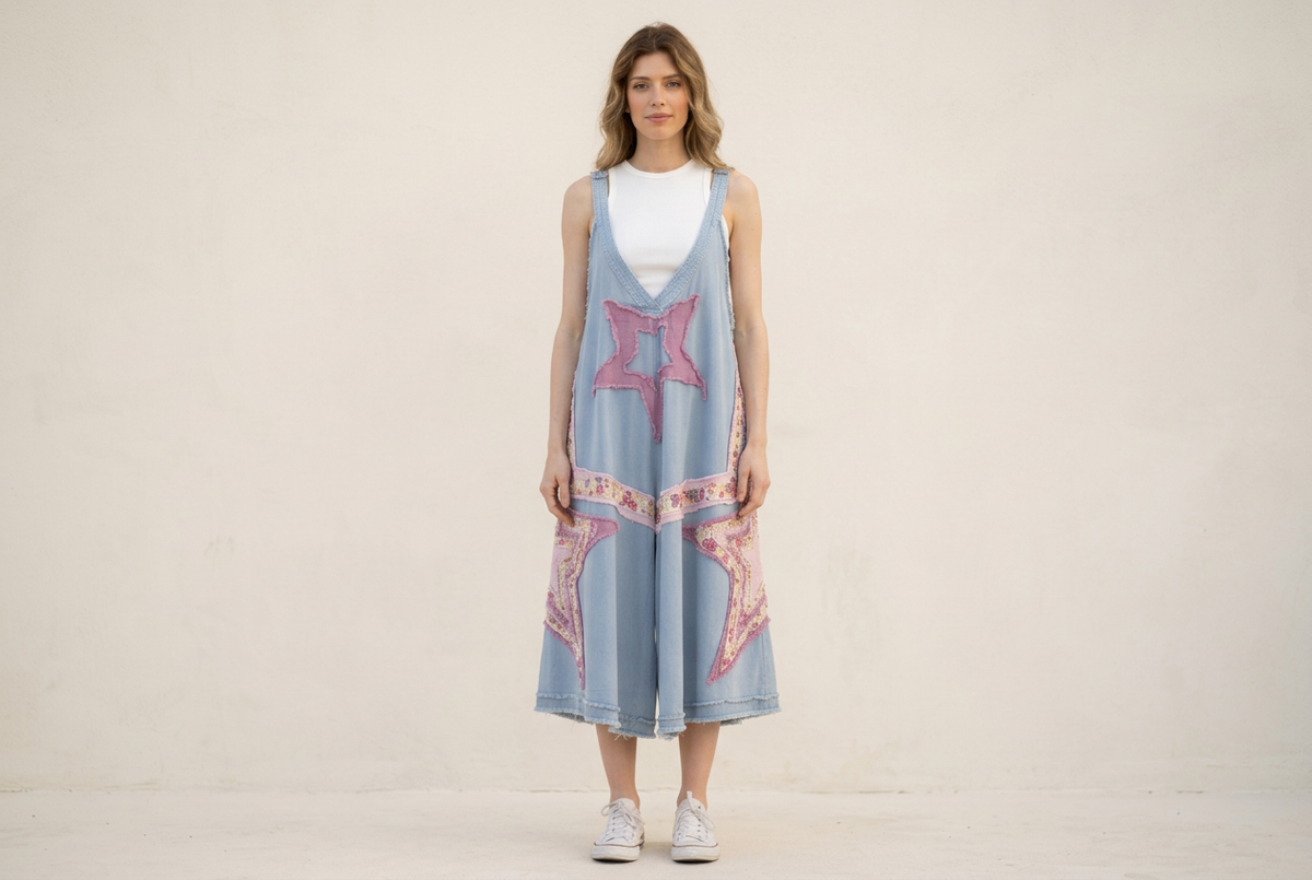 A woman stands against a plain off-white studio wall wearing a sleeveless light blue dress with pink star and border patterns, a white top underneath, and white sneakers.