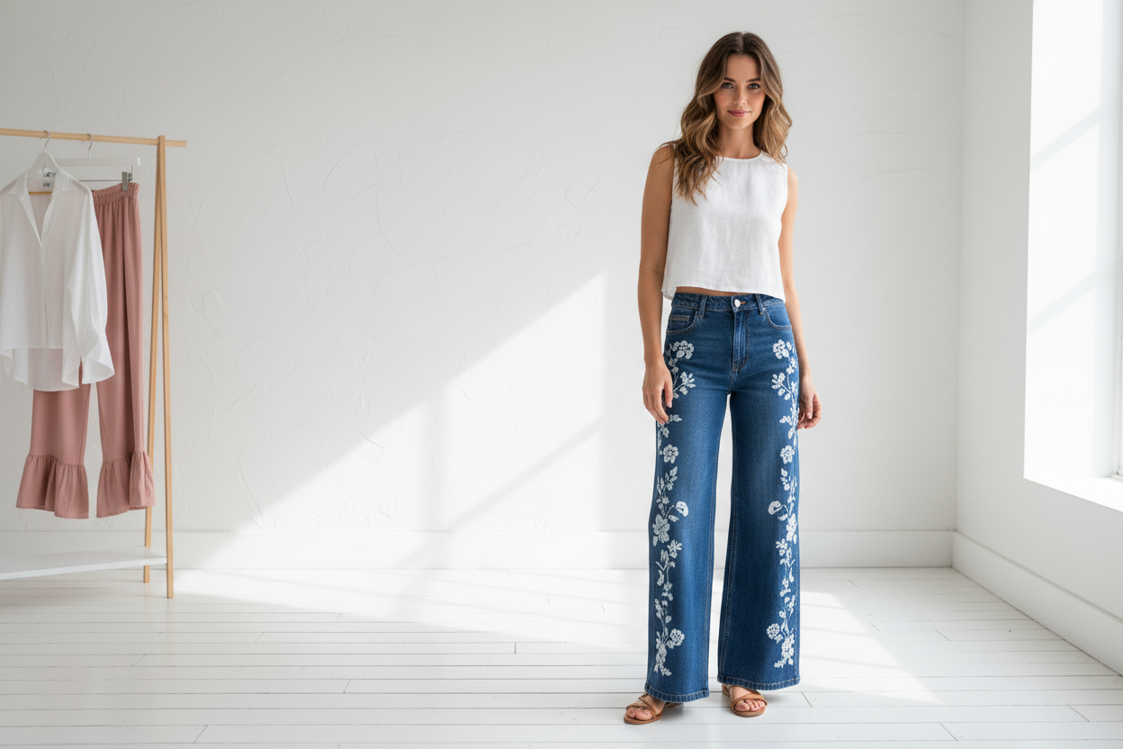 Bluevelvet Bottoms women's wide-leg boho pants in floral embroidered denim and soft pink ruffle styles, styled for a modern boutique look