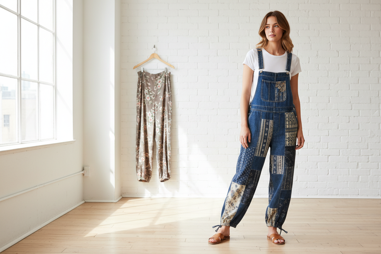Bluevelvet Overalls women's boho wide-leg overalls in indigo patchwork denim and taupe floral, styled for a modern boutique look

