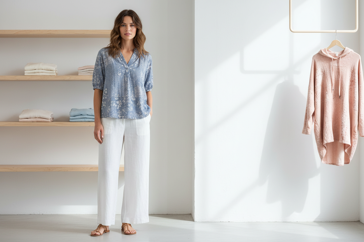 Bluevelvet Tops women's boho patchwork blouses in dusty blue floral and blush pink, styled for a modern boutique look

