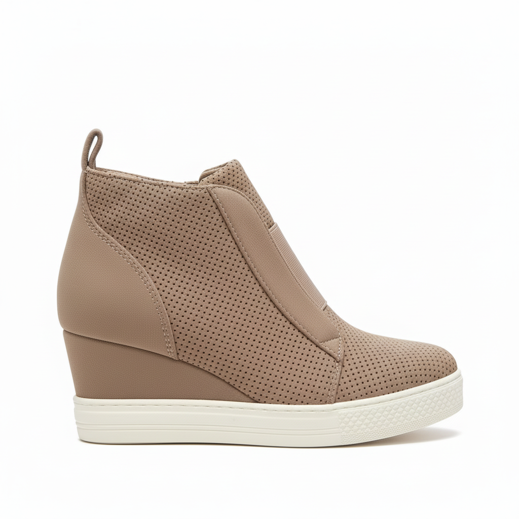 Women's blush pink perforated slip-on wedge sneaker with hidden heel and side zipper