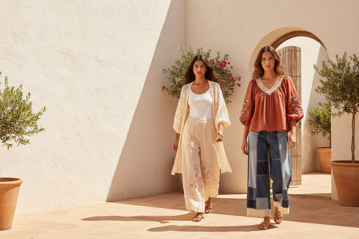Boho Style women's patchwork wide-leg denim and crochet balloon sleeve tops in rust and cream, styled in a sunlit courtyard