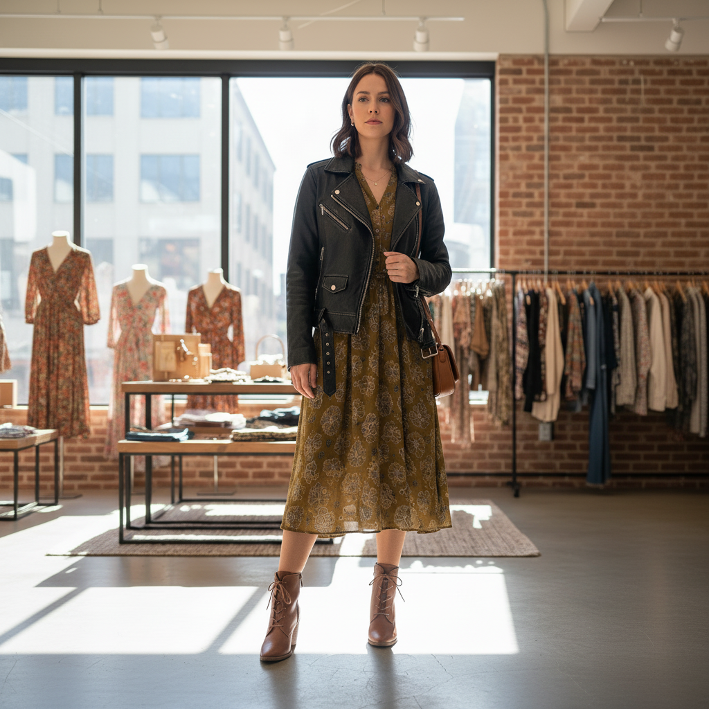 Woman in a stylish outfit standing in a clothing store with racks and mannequins in the background.