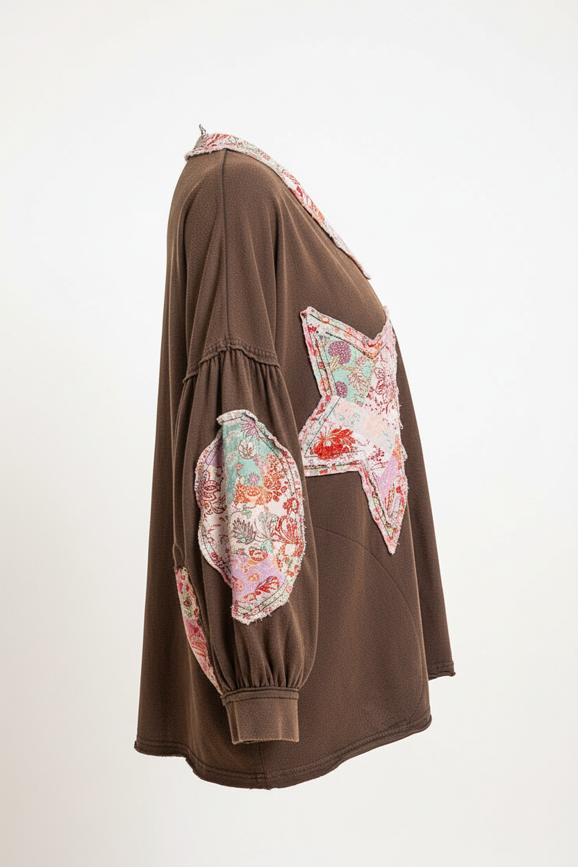 Brown boho patchwork top - side view