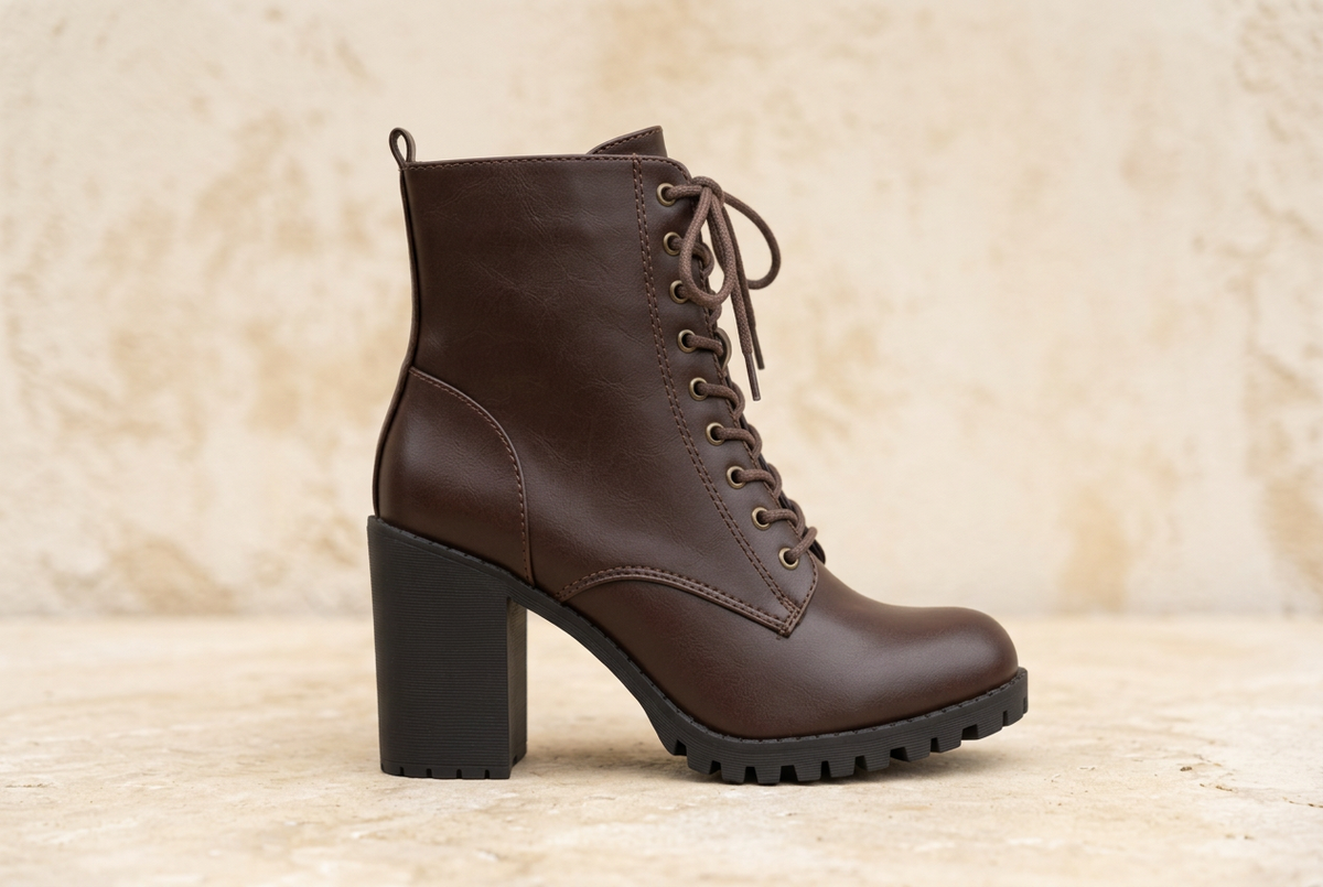 A dark brown leather lace-up ankle boot with a chunky black block heel and lug sole, shown from a side profile against a textured beige stone background.