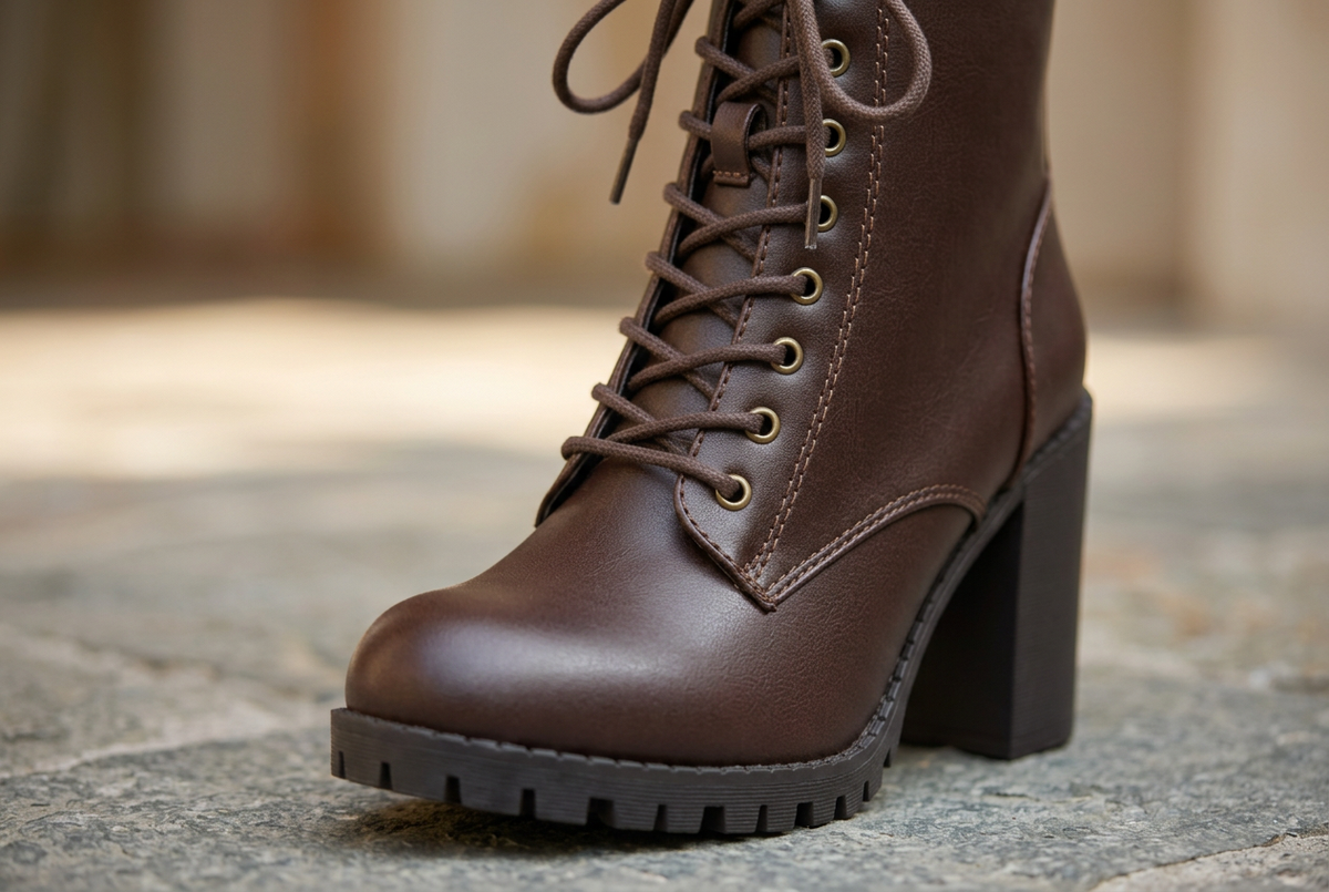 A close-up shot of a dark brown leather lace-up ankle boot with a chunky black block heel and lug sole, resting on a stone surface.