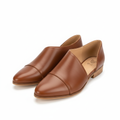Women's cognac brown D'Orsay cutout flats with pointed toe and low stacked heel
