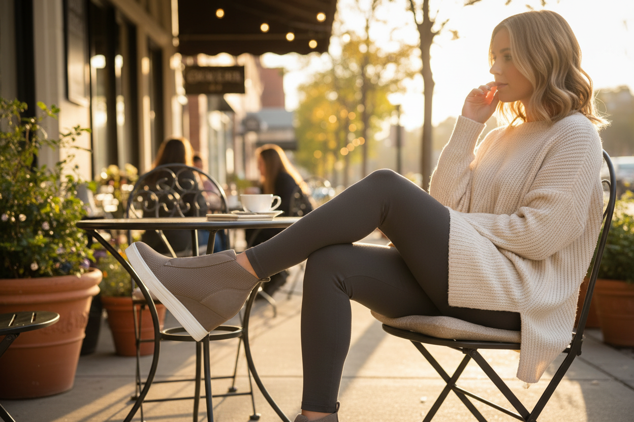 Woman sitting outdoors at a cafe table with a warm glow