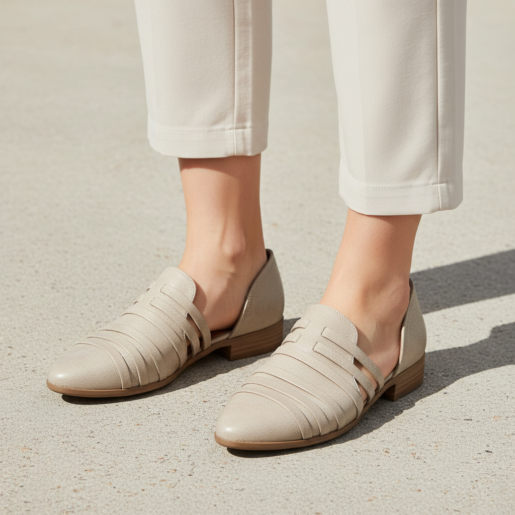 Women's stone cage strap d'Orsay flat with pointed toe and cut-out vamp straps, lifestyle view