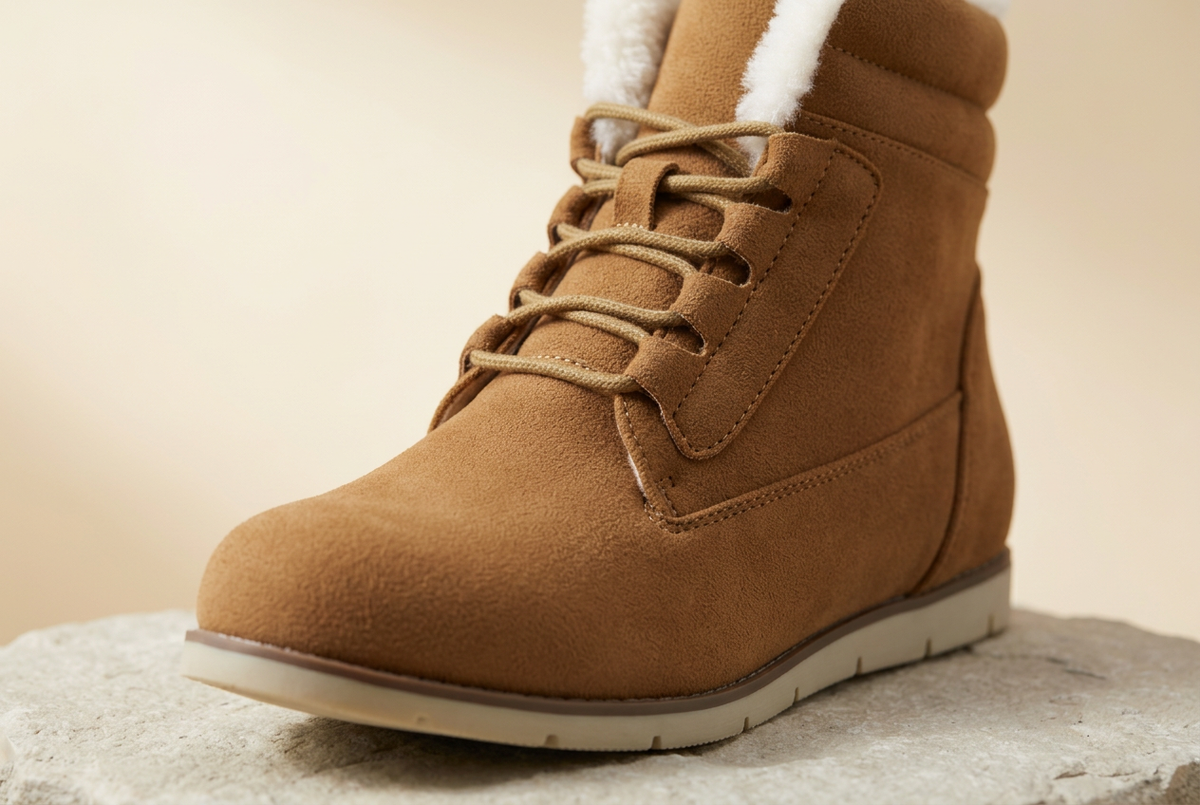 A tan suede lace-up ankle boot with a white faux-fur collar, resting on a textured stone surface against a warm beige background.