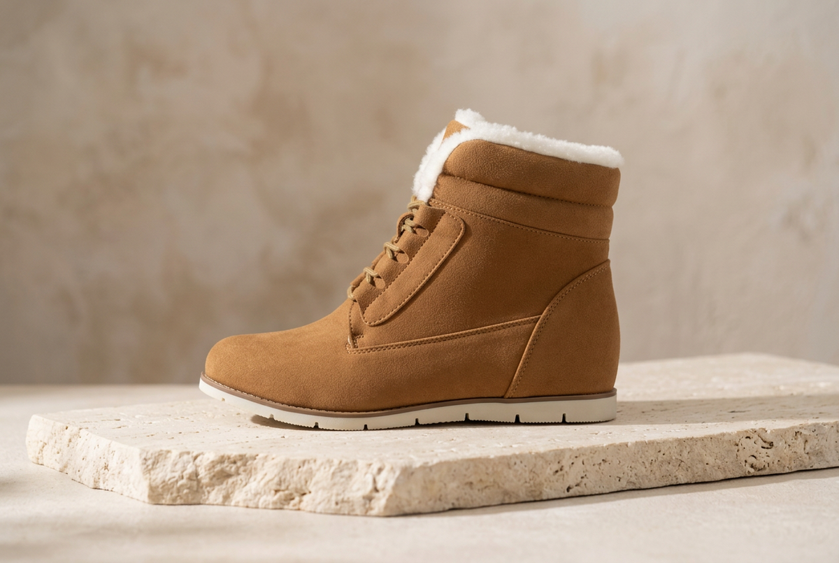 A tan suede lace-up ankle boot with a white faux-fur collar, resting on a textured stone slab against a neutral beige background.