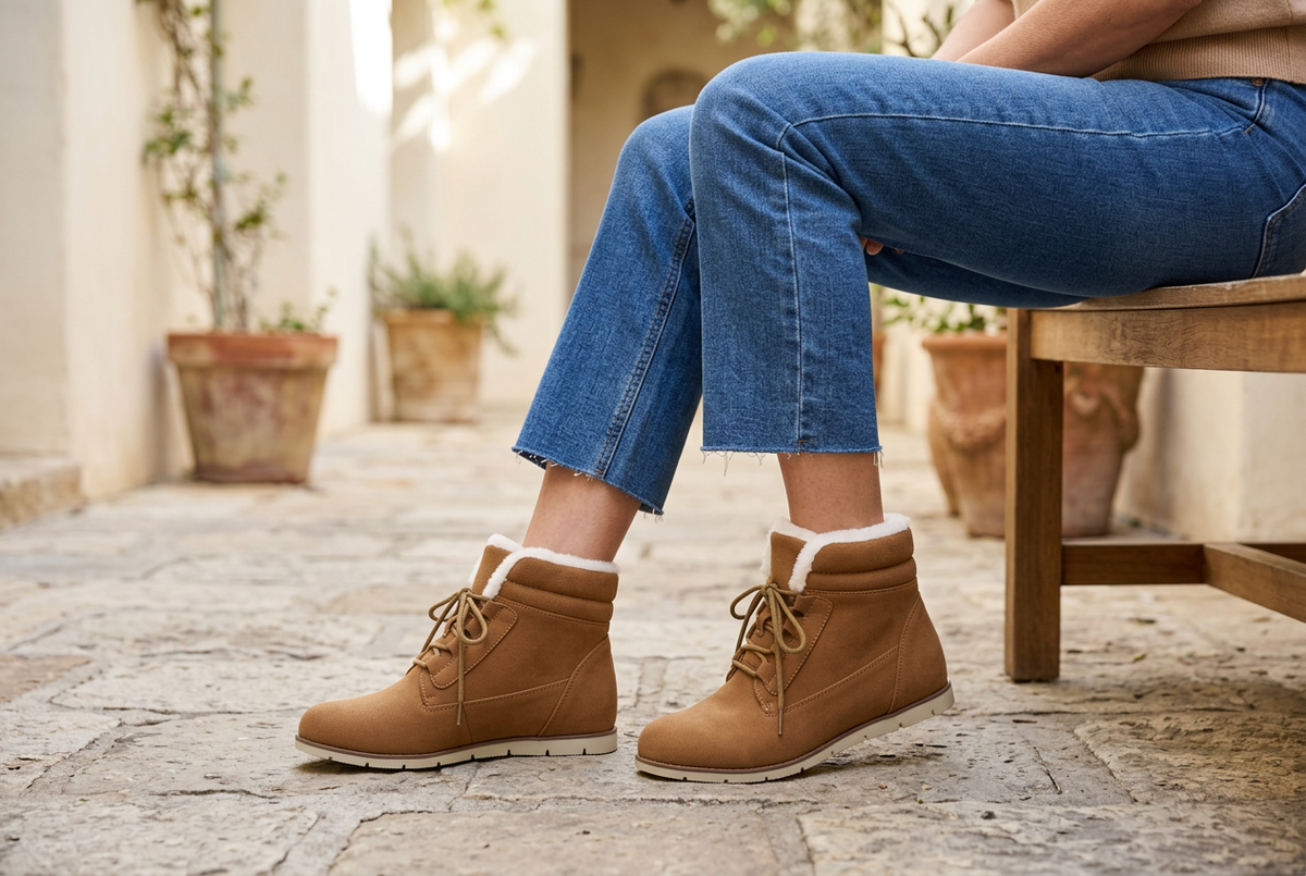 A person sitting on a wooden bench outdoors wearing tan suede lace-up ankle boots with white shearling-style lining, paired with blue jeans.