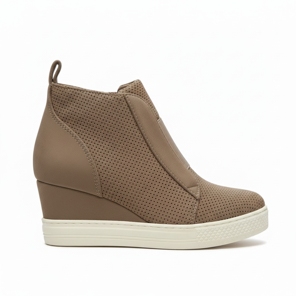 Women's camel perforated slip-on wedge sneaker with hidden heel and elastic side panels
