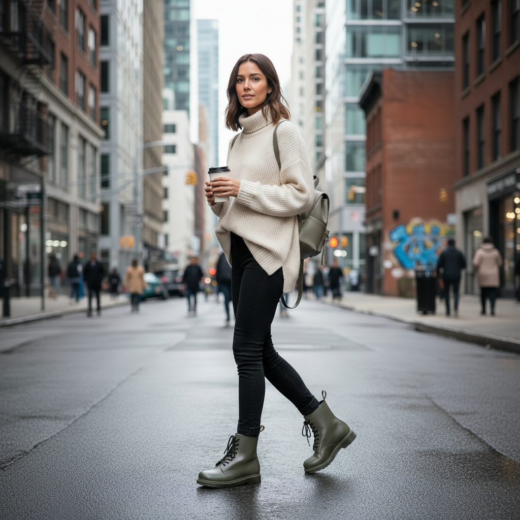 Woman walking on a city street holding a coffee cup