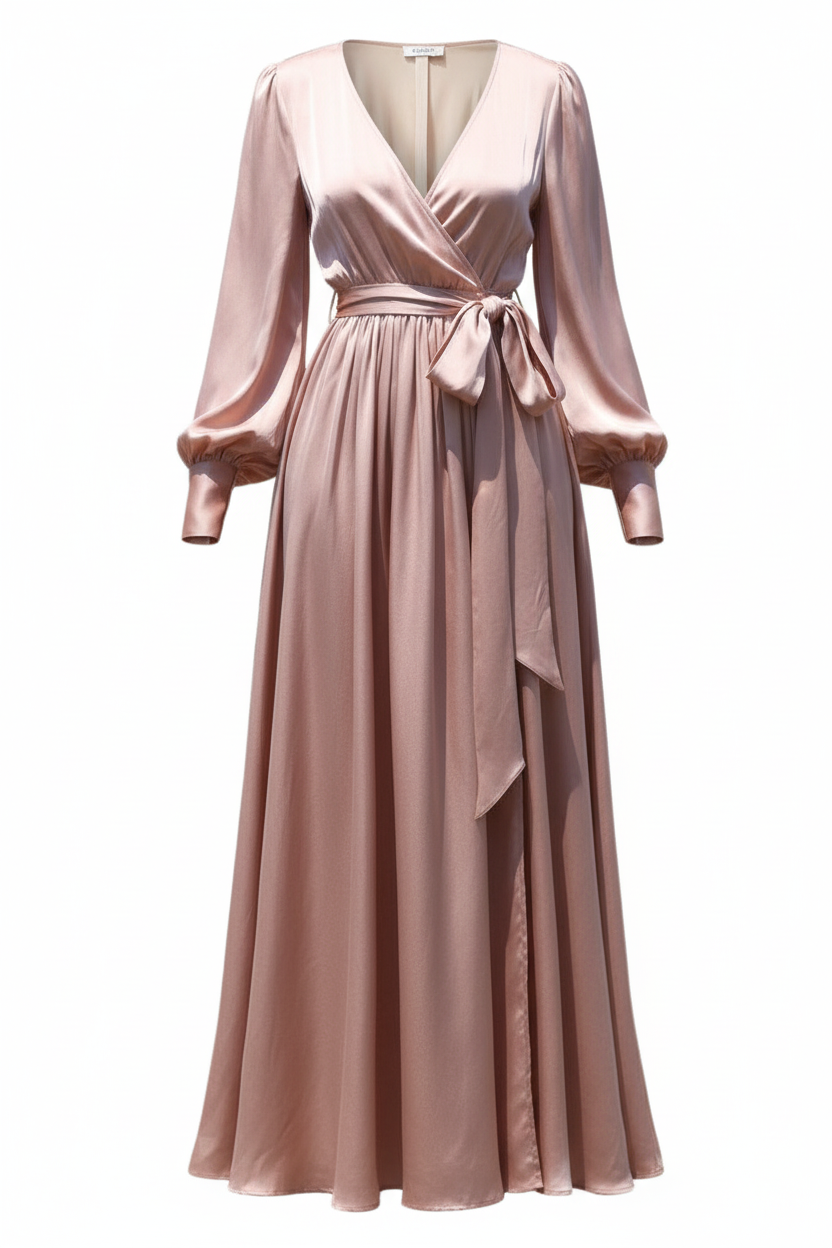 Champagne satin wrap dress with interior panel visible